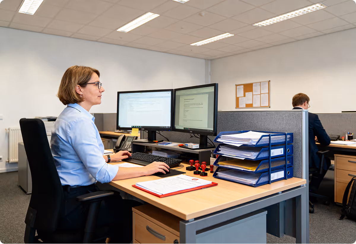 Frau mit Brille arbeitet an einem Schreibtisch mit zwei Computerbildschirmen in einem Büro mit Aktenordnern und Stempeln.
