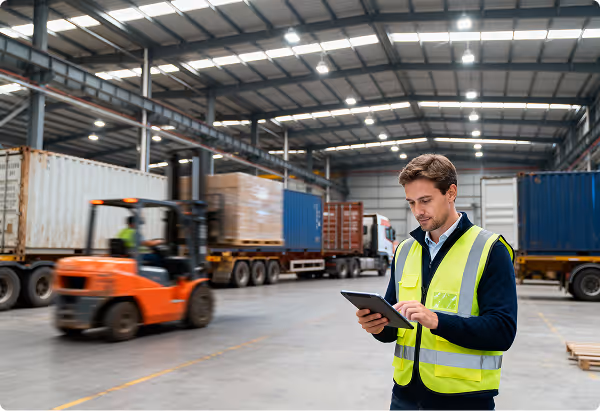 Mann in reflektierender Weste benutzt Tablet in einem Lagerhaus mit Containern und Gabelstapler im Hintergrund.