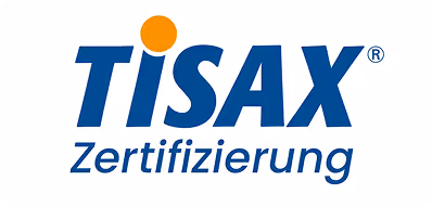 TISAX® Zertifizierung Logo mit blauem Schriftzug und orangem Punkt über dem Buchstaben i.
