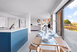 Interior kitchen table with large aspect window