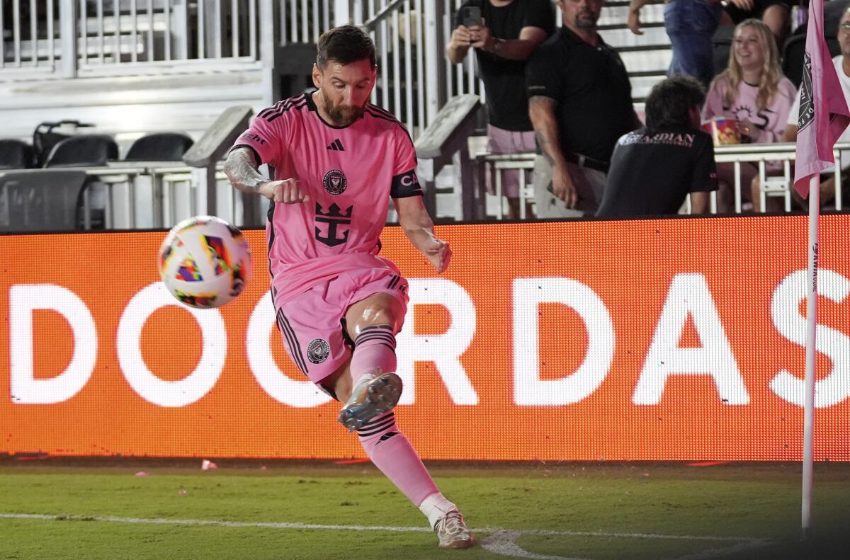 Inter Miami forward Lionel Messi takes a corner kick during a match against Atlanta in October.