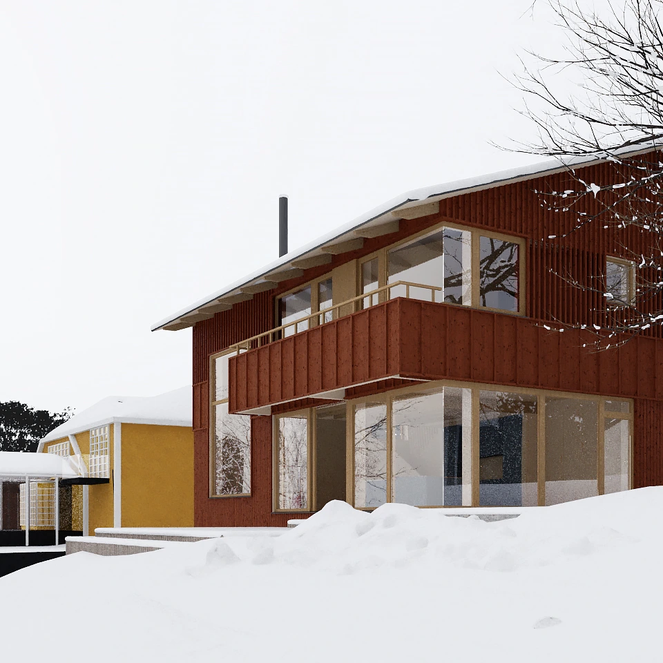 Modern two-story house with large windows and balcony, surrounded by snow-covered ground and bare tree branches.