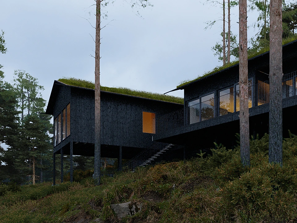 Modern black wooden house on stilts with green grass roof, surrounded by tall pine trees and forest greenery.