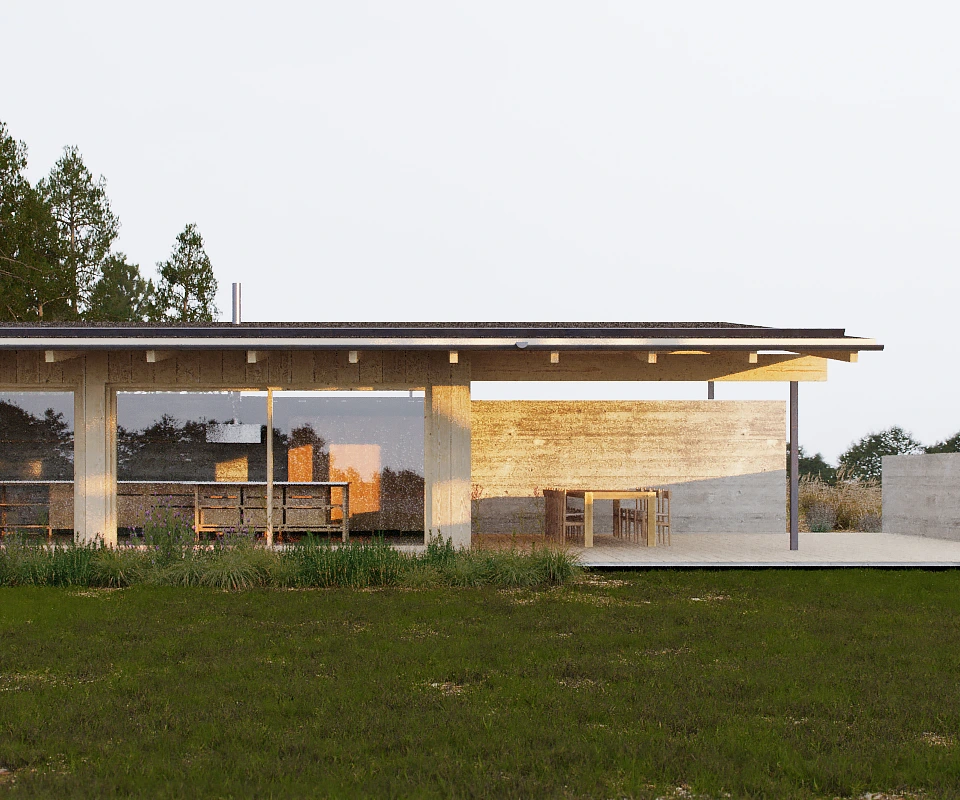 Modern single-story house with large glass windows and a covered patio, surrounded by green grass and trees.