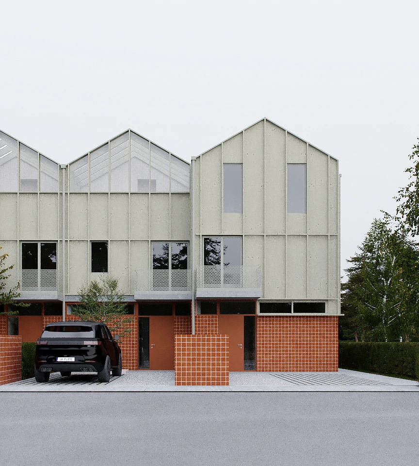 Modern townhouse facade with a black SUV parked on a paved driveway, featuring upper concrete panels and lower terracotta-colored brickwork.