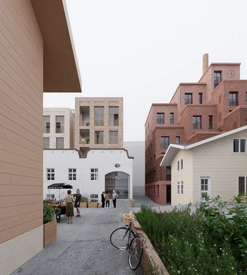 Urban courtyard scene with modern and traditional buildings, people conversing, and a bicycle parked by a garden bed.
