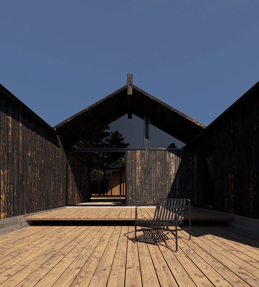 Modern wooden patio with a single black metal chair casting a shadow, set against a dark wooden building under a clear sky.