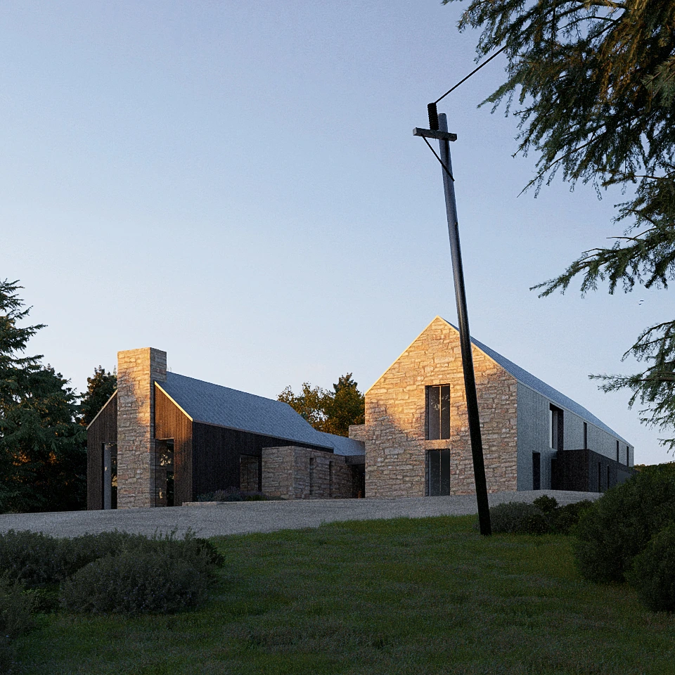 Modern stone and wood house with a pitched roof surrounded by green grass and trees under a clear sky.