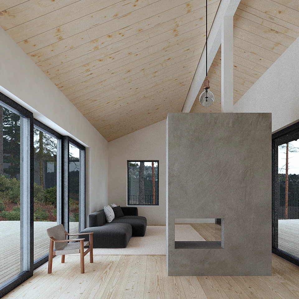 Modern living room with wooden ceiling and floor, large windows, dark gray sectional sofa, armchair, and a central rectangular fireplace.