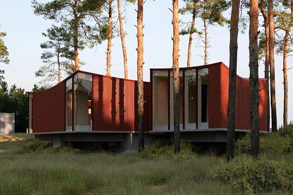 Modern red house with large floor-to-ceiling windows elevated on concrete stilts among tall pine trees in a grassy forested area.