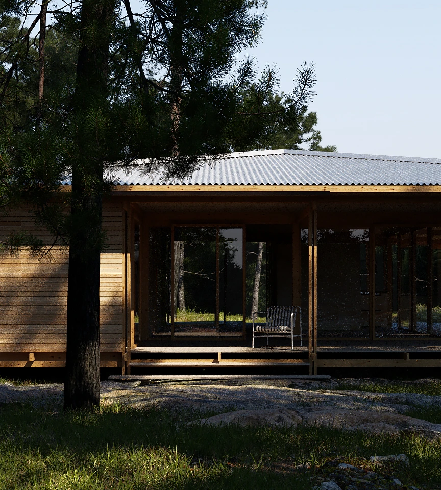 Wooden cabin with large glass doors and a metal bench on the porch, surrounded by trees and grass.