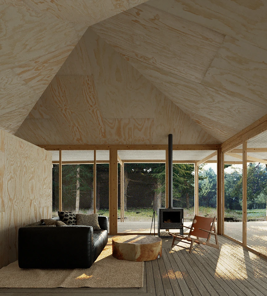 Modern living room with wood-paneled walls and ceiling, large windows overlooking trees, black leather sofa with cushions, circular wooden coffee table, leather lounge chair, and a wood-burning stove.