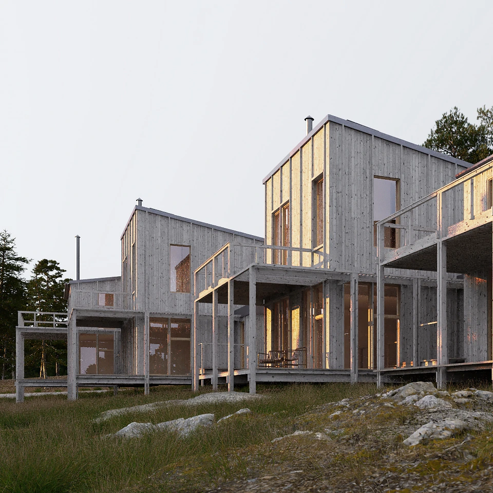 Modern wooden houses elevated on stilts with large windows, set on a rocky grassy terrain at dusk.