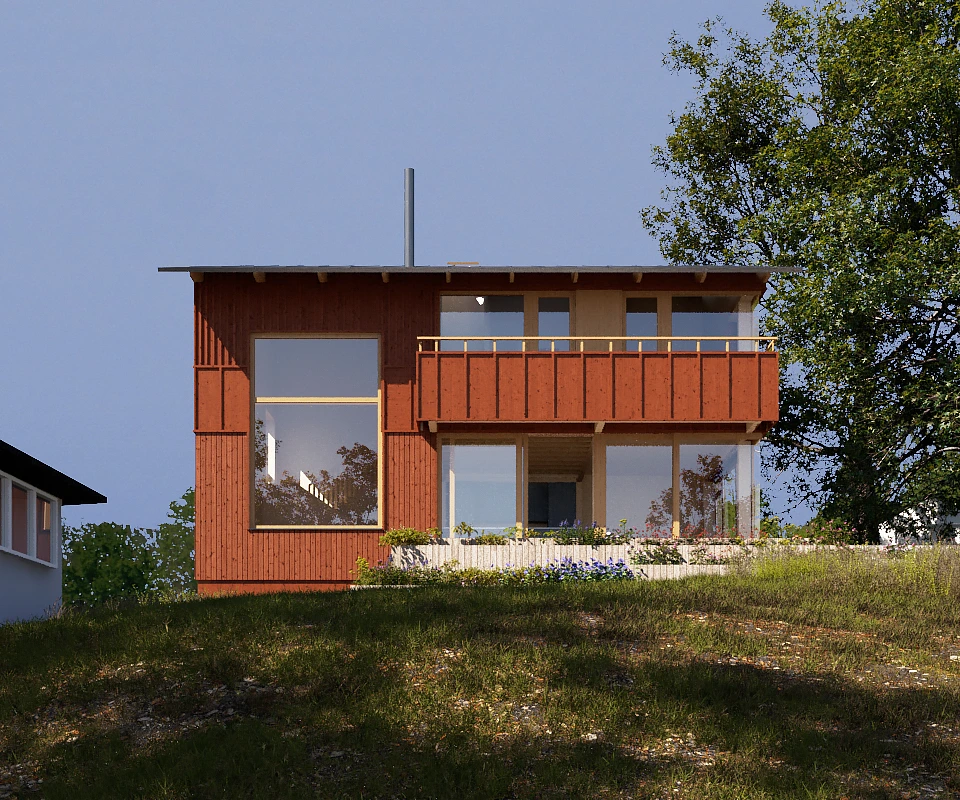 Modern two-story wooden house with large windows and balcony on a grassy hill with trees.