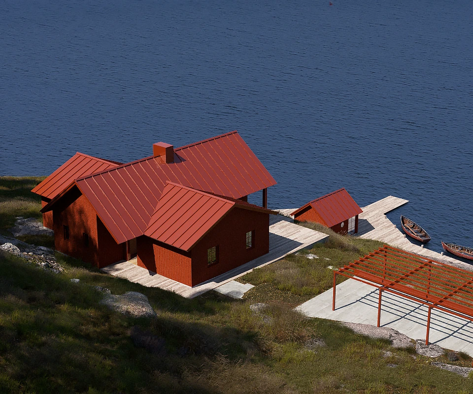 Red wooden lakeside cabin with metal roof next to dock with rowboats and open red pergola on grassy land.