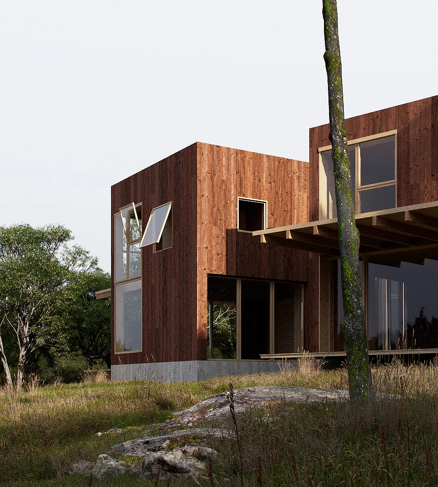 Modern two-story wooden house with large windows surrounded by grass, rocks, and trees.