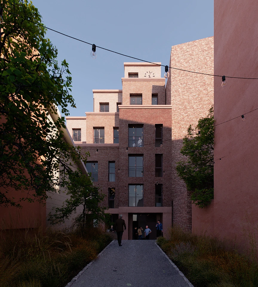 Pathway between buildings leading to a brick stepped building with large windows under a clear blue sky, decorated with string lights and surrounded by greenery.