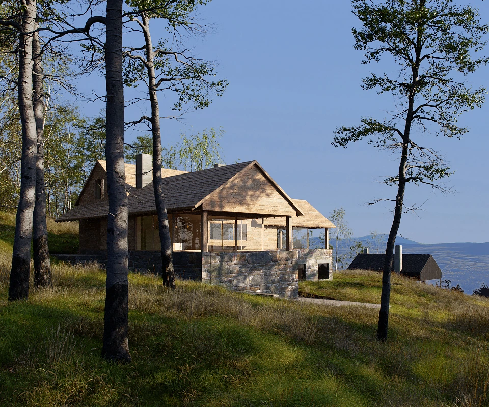 Modern wooden house with large windows on a grassy hillside surrounded by trees under a clear blue sky.