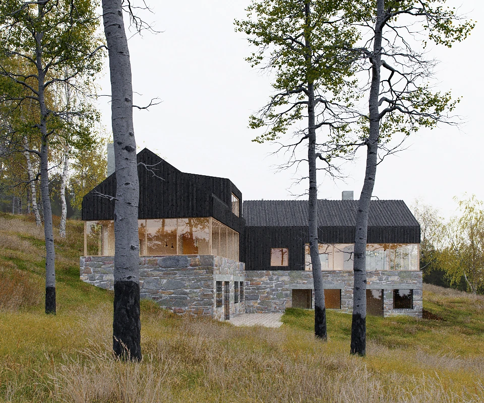 Modern house with dark wood upper walls and large glass windows sitting on a stone base in a grassy, wooded landscape.