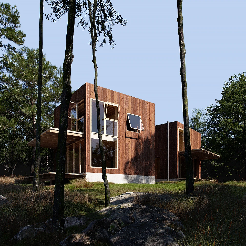 Modern two-story wooden house with large windows in a forested area with grass and rocks.