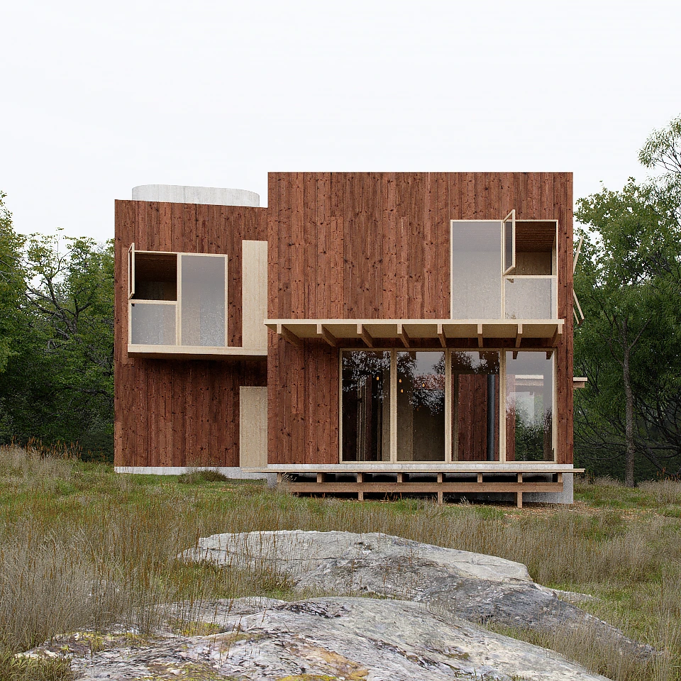 Modern two-story wooden house with large glass windows and two open balcony boxes, surrounded by grass, rocks, and trees.
