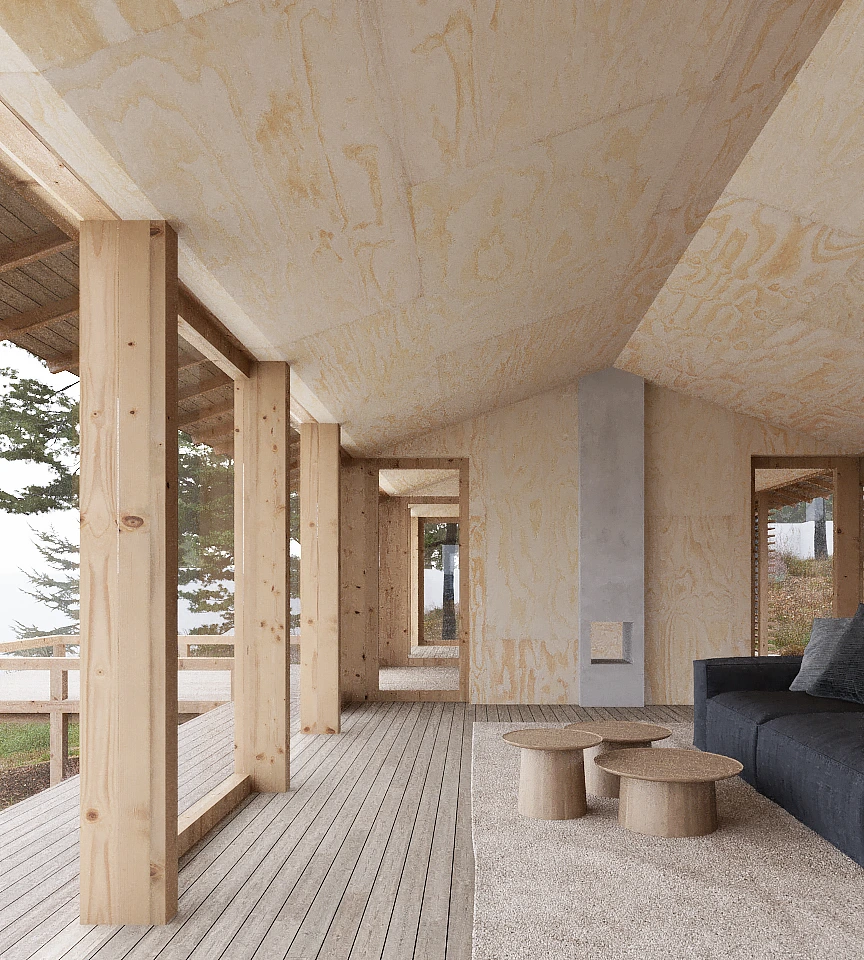 Modern wooden interior with large vertical windows, a black sofa, three round wooden coffee tables on a beige rug, and a minimalist fireplace.