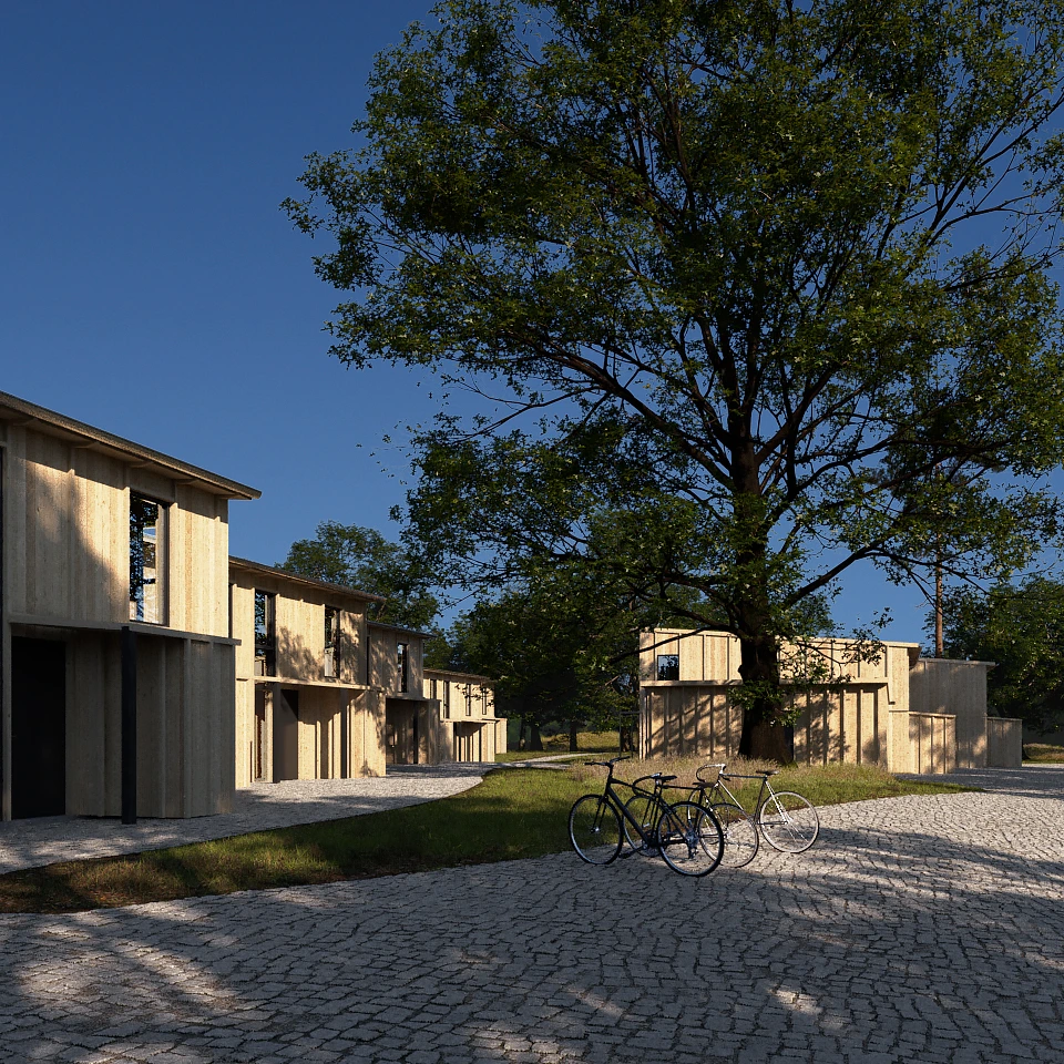 Modern wooden residential buildings along a cobblestone path with two bicycles parked near a large leafy tree under a clear blue sky.
