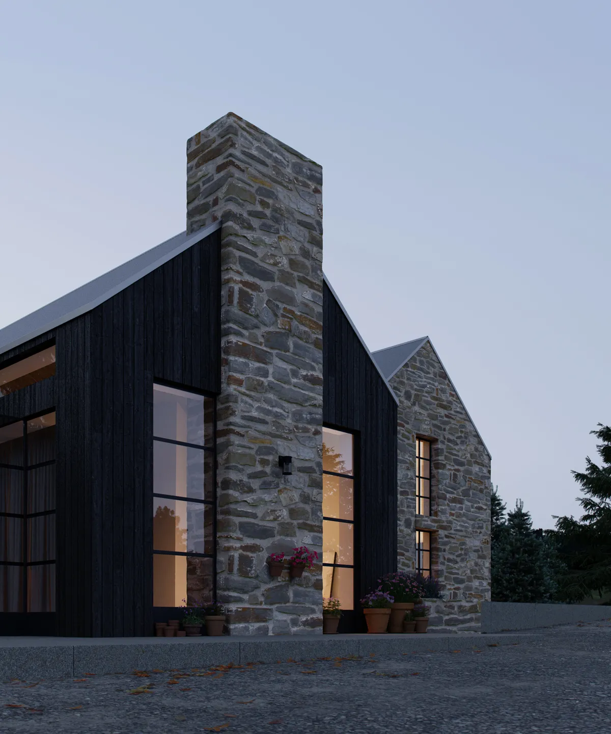 Modern house exterior with stone chimney, large windows, black wood siding, and potted plants at dusk.