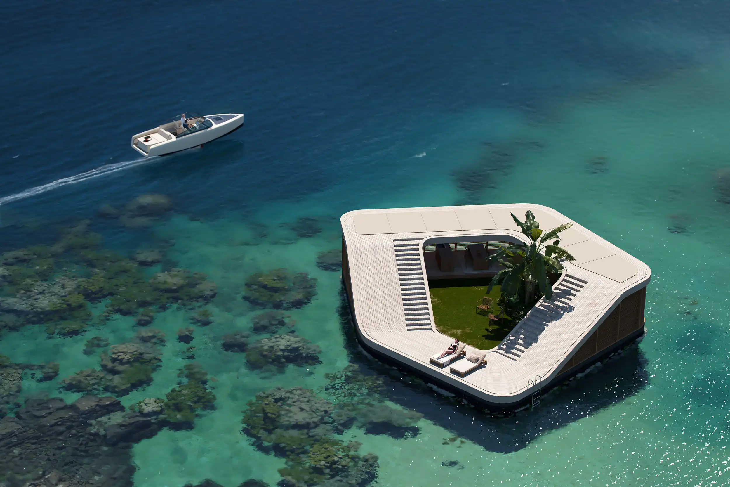 Modern floating villa with sun loungers and tropical plants in clear turquoise water, with a small white boat nearby.