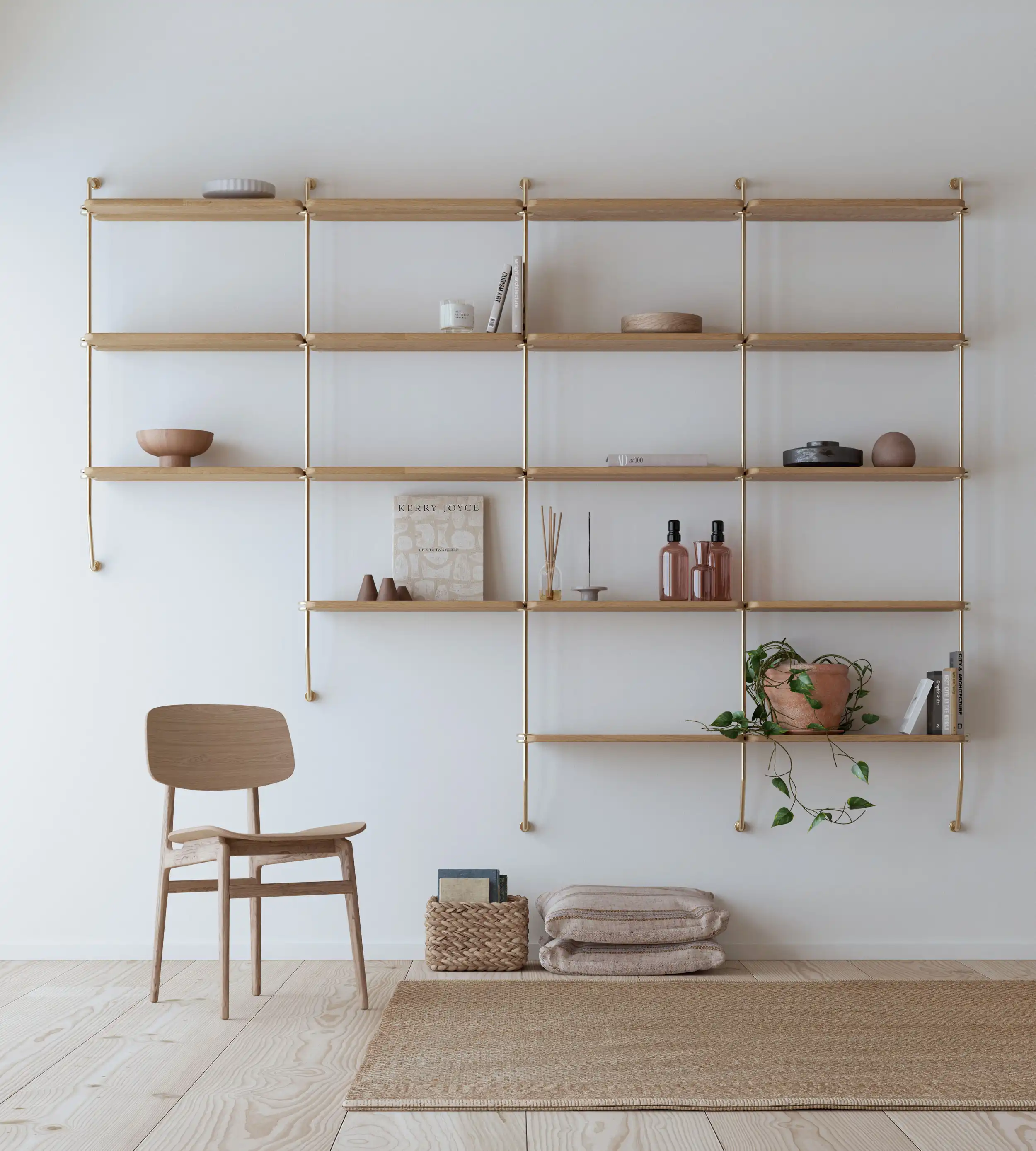 Wall-mounted wooden shelves with decorative objects above a wooden chair and woven basket on light hardwood floor with a rug.