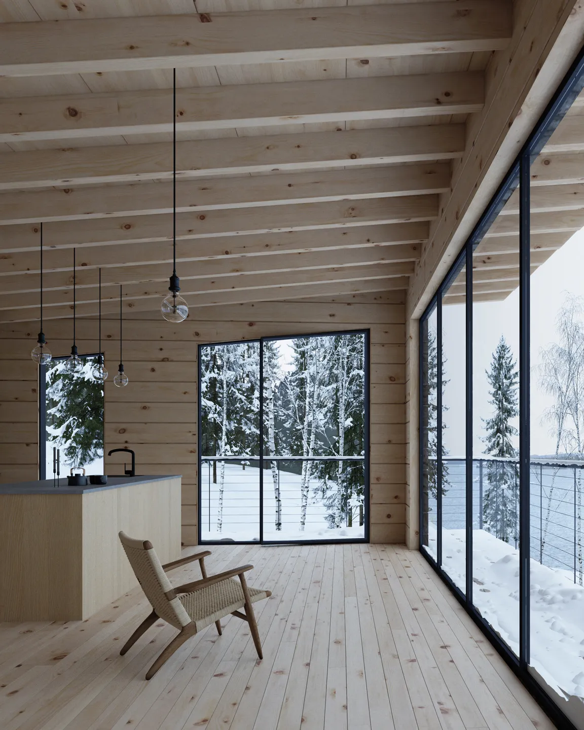 Minimalist wooden interior with large floor-to-ceiling windows showing snowy trees and a lake, featuring a woven lounge chair and pendant lights.