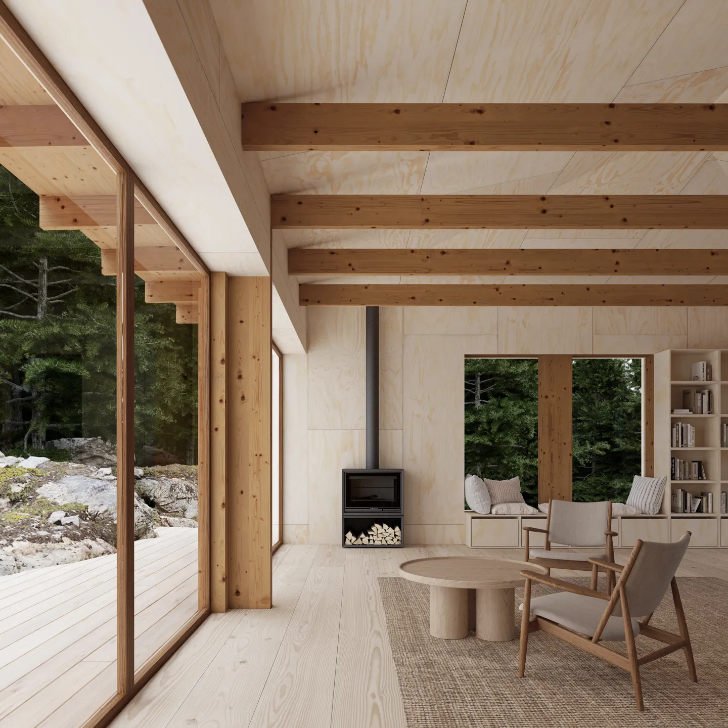 Minimalist living room with wooden beams, large windows showing forest view, wood stove, two chairs, round coffee table, and built-in shelves.