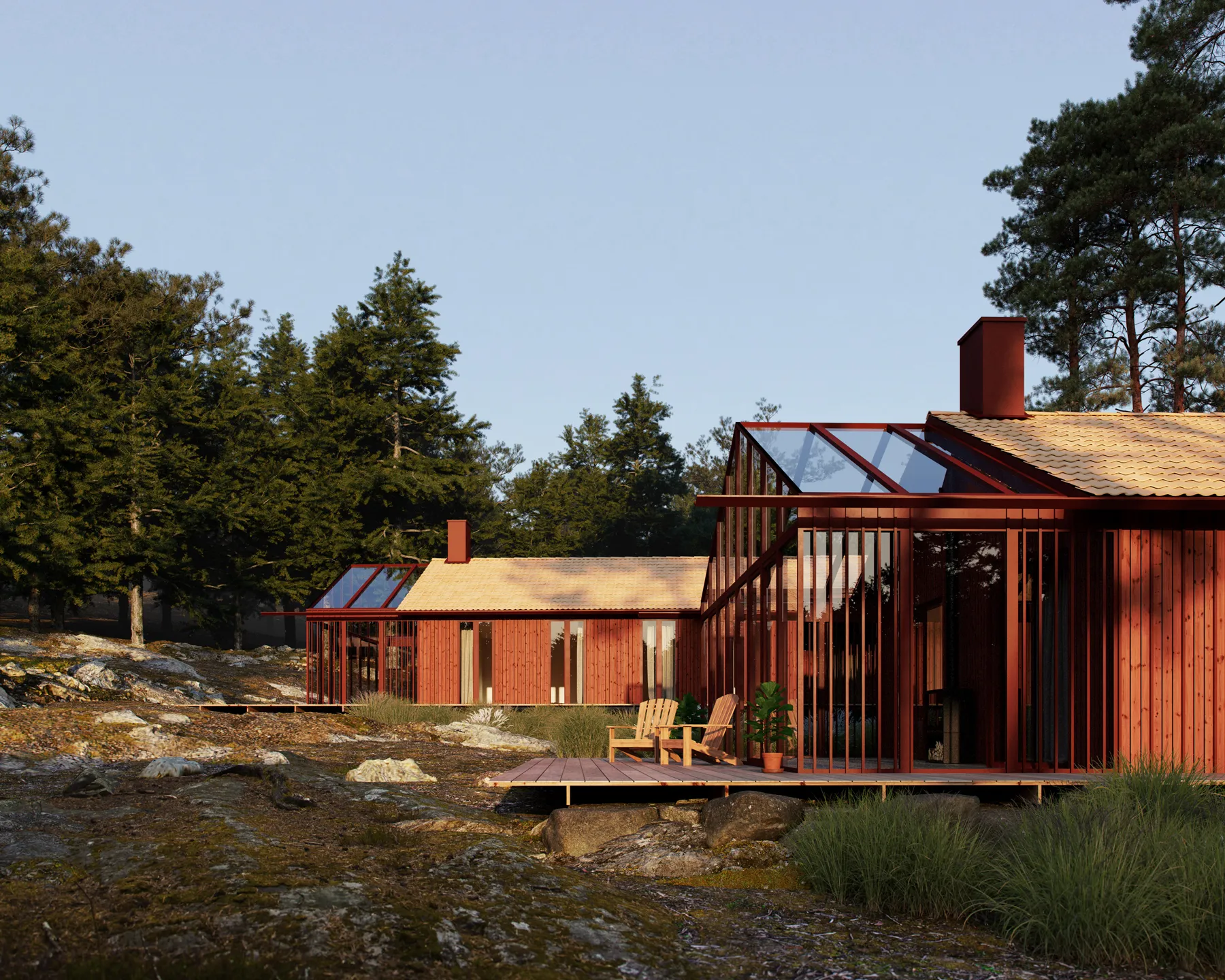 Two connected modern wooden houses with large glass panels and terracotta tiled roofs surrounded by pine trees.
