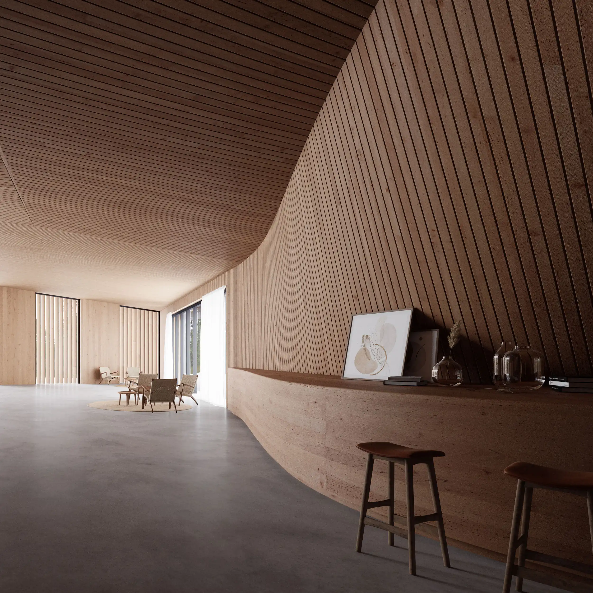 Spacious modern room with curved wooden slat walls and ceiling, concrete floor, seating area with chairs and table near large windows, and a wooden counter with stools and decorative items.