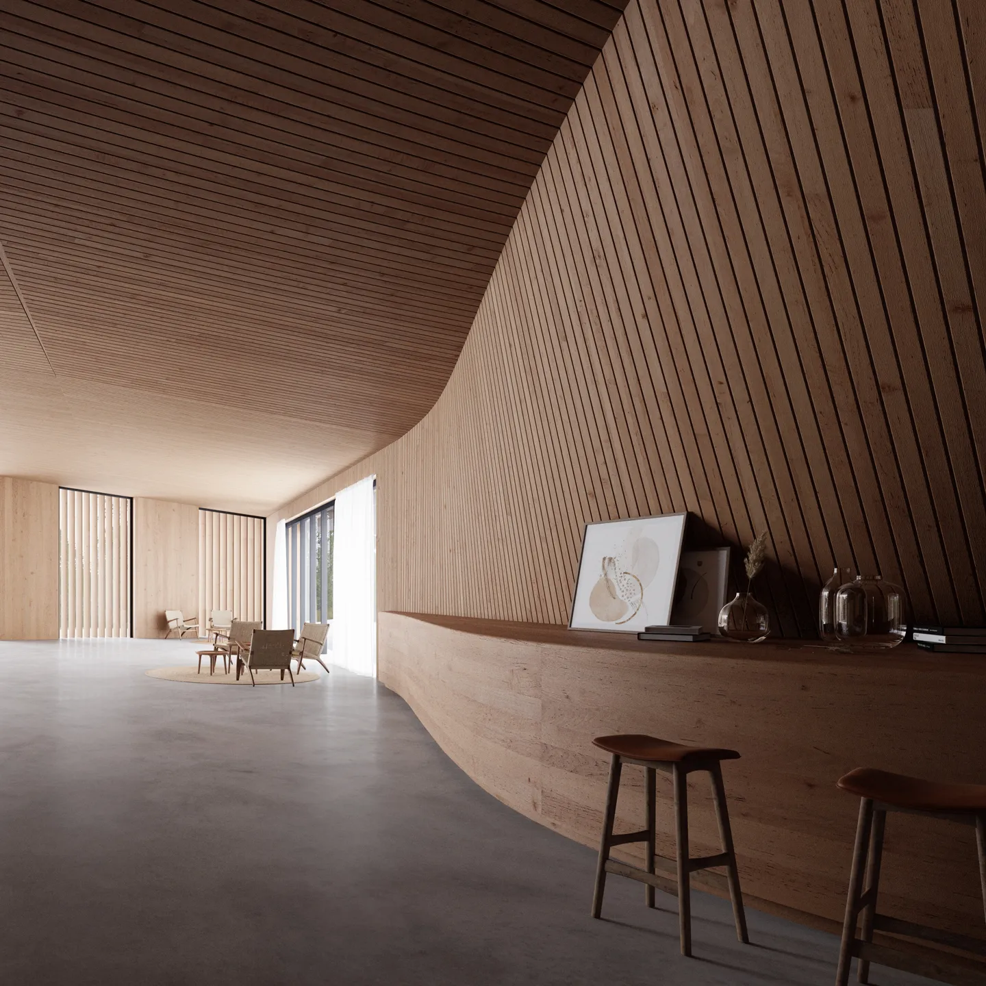 Spacious modern room with curved wooden slat walls and ceiling, concrete floor, seating area with chairs and table near large windows, and a wooden counter with stools and decorative items.