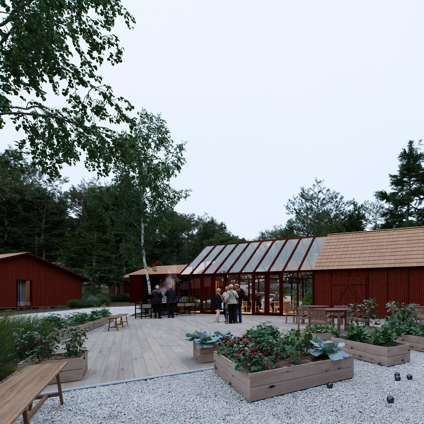 Outdoor scene with a group of people near a red glass-roofed building surrounded by raised garden beds and wooden benches.