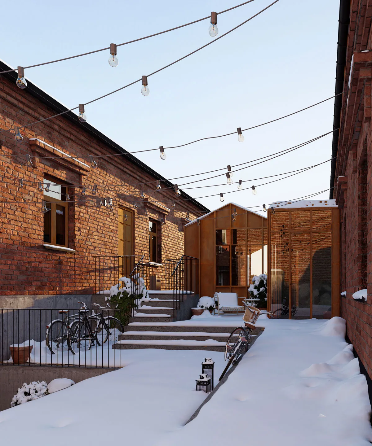 Snow-covered backyard patio with string lights, bicycles, brick buildings, and a small wooden greenhouse.