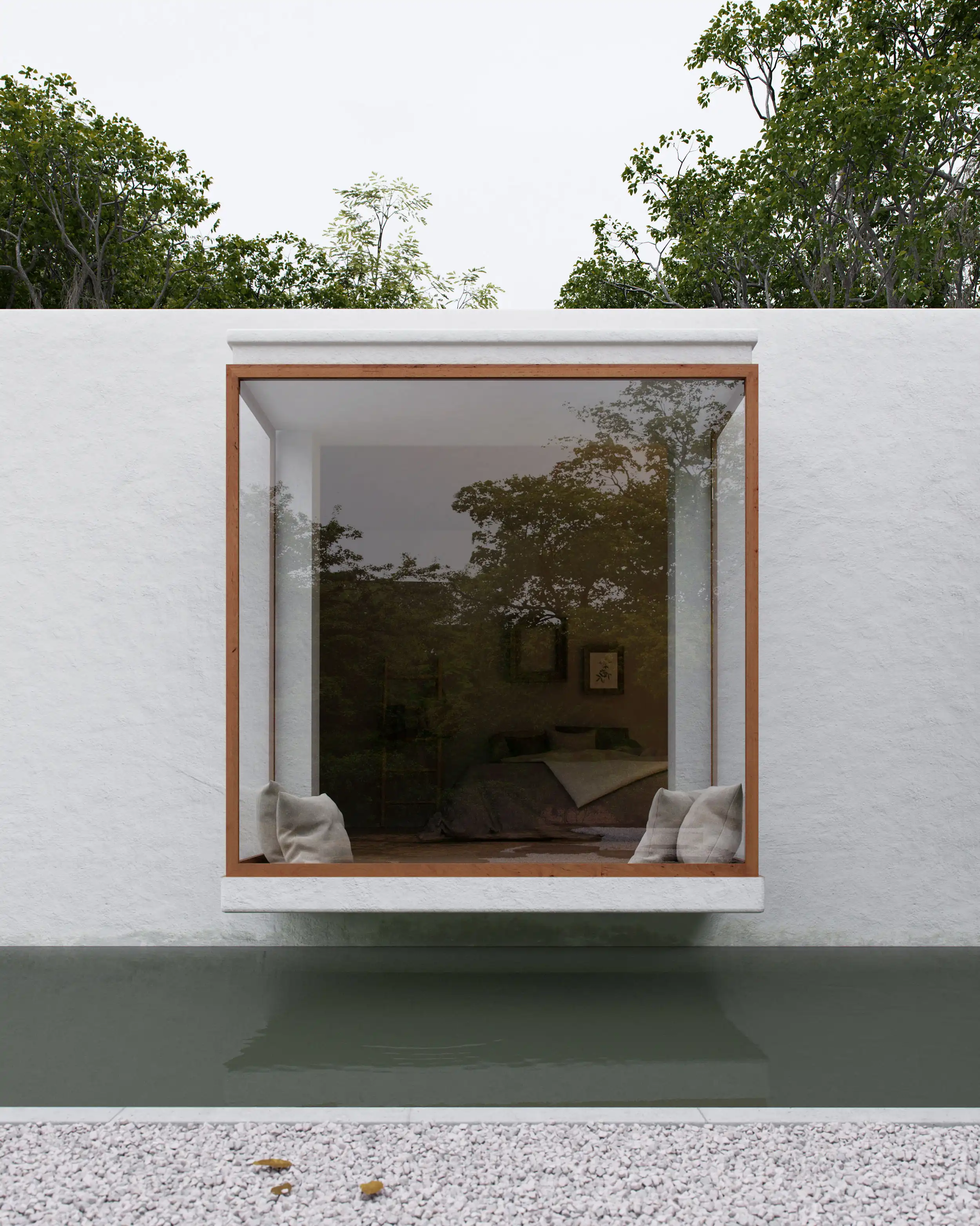 Modern white villa with a large wooden-framed glass window overlooking a tranquil water feature and gravel yard.