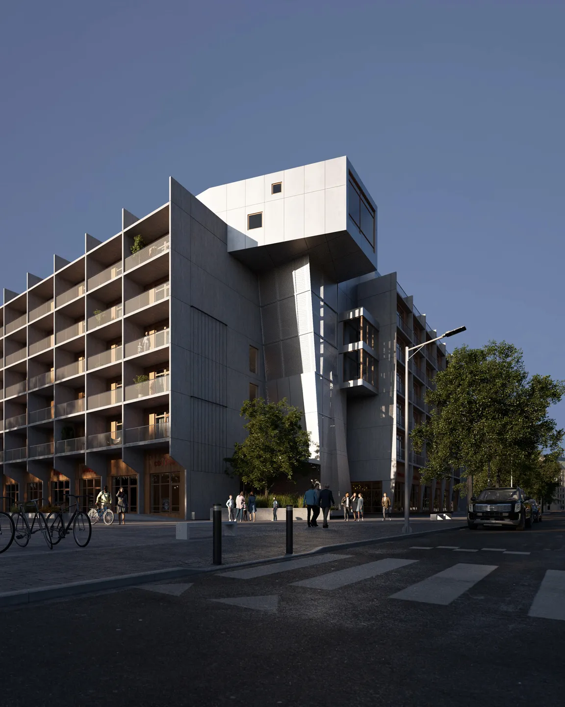 Modern multi-story building with geometric design and large balconies on a street corner under clear sky with pedestrians and parked cars.