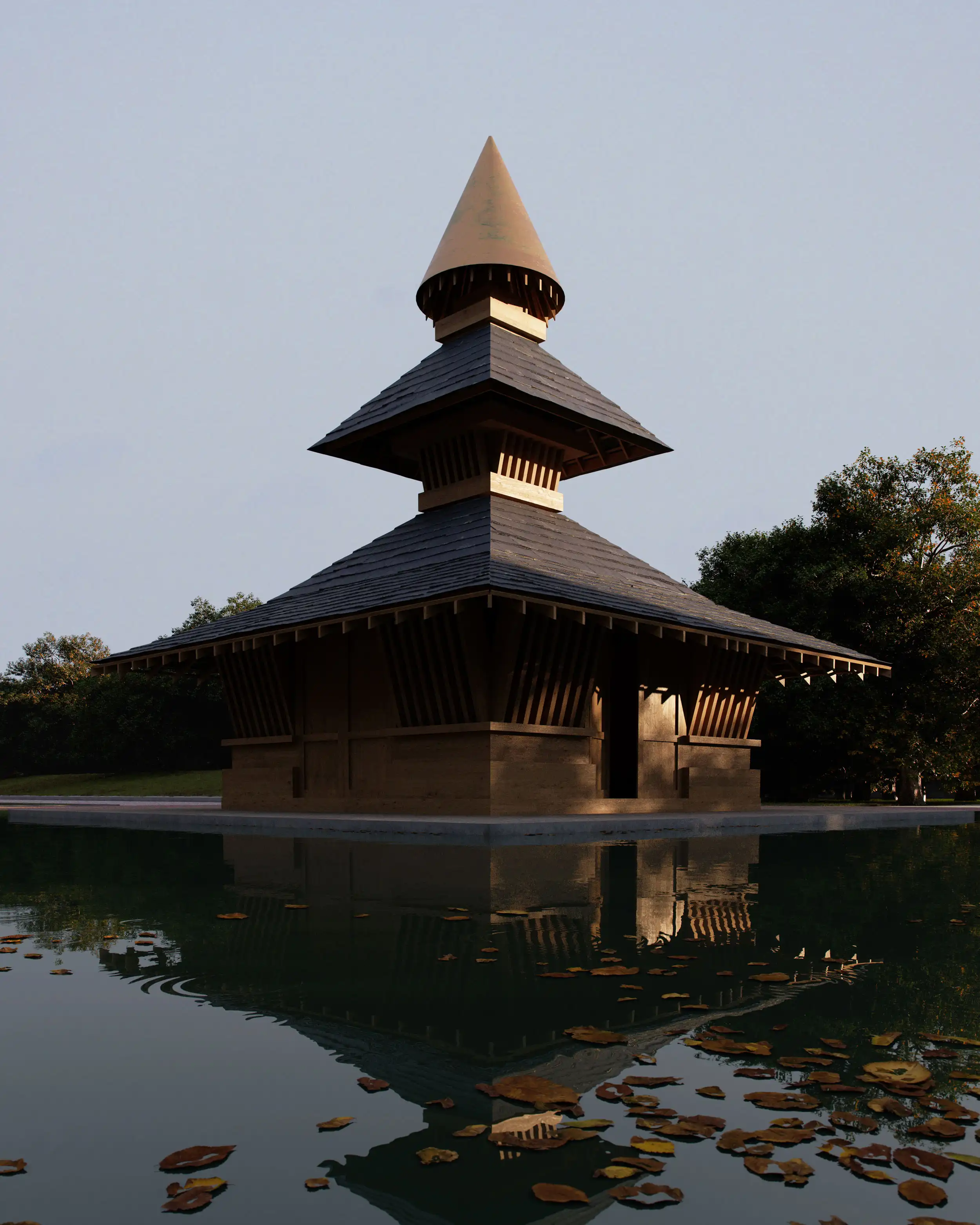 Wooden pagoda-style pavilion with layered roof and conical top reflected in a calm pond with autumn leaves floating.