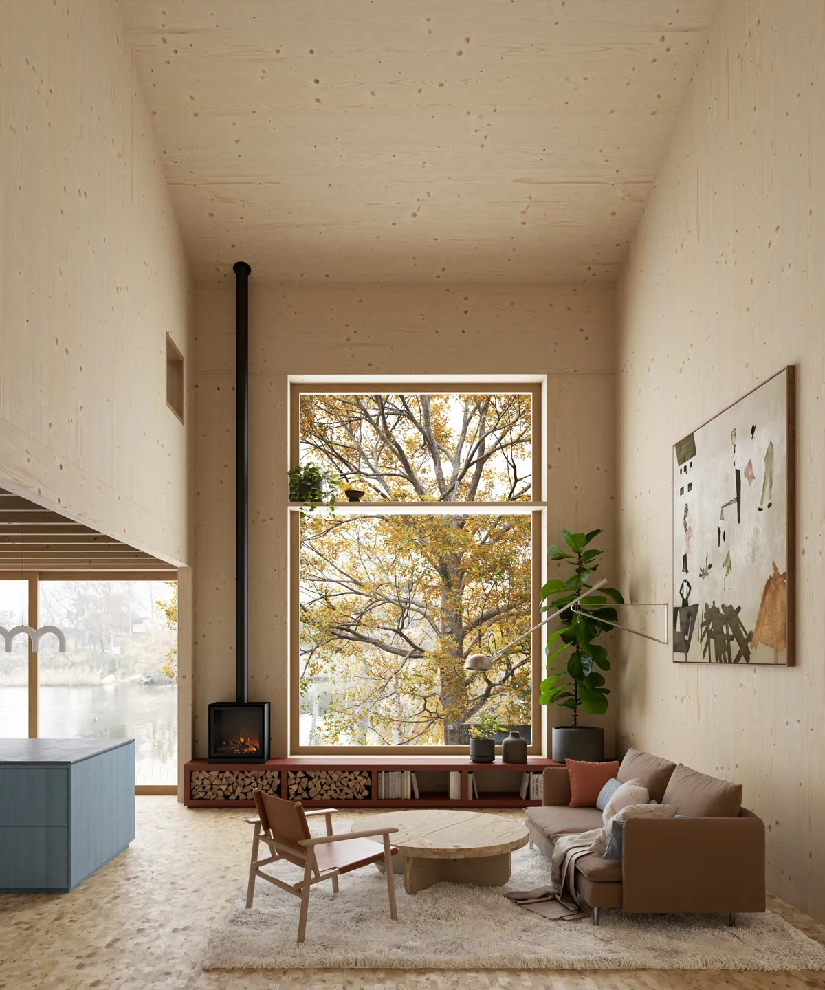 Cozy living room with large framed window showing autumn tree outside, furnished with a brown sofa, armchair, round wooden coffee table, fireplace, and indoor plants.