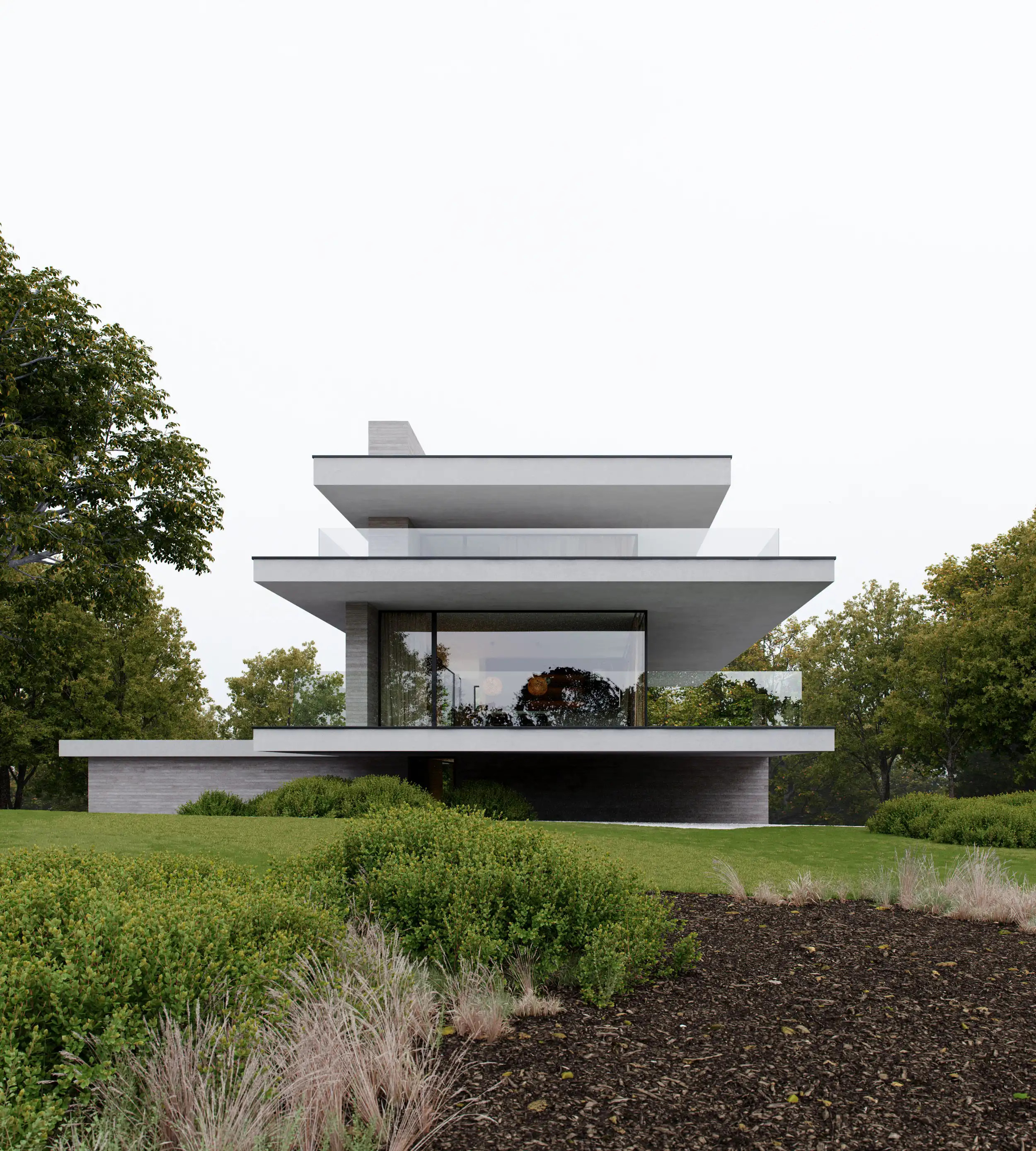 Modern three-story house with large glass windows and flat roofs surrounded by green bushes and trees.