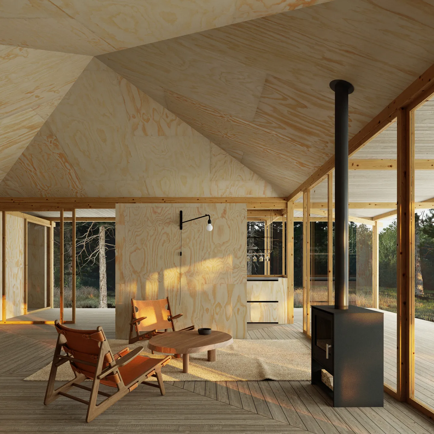 Minimalist wooden interior with angled ceiling, two leather sling chairs, round wooden coffee table, black wood stove, and large windows overlooking greenery.