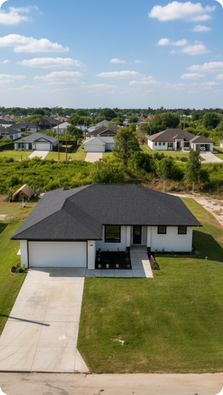Aerial view of a modern single-story house with a black roof, white walls, attached garage, and a well-maintained lawn.