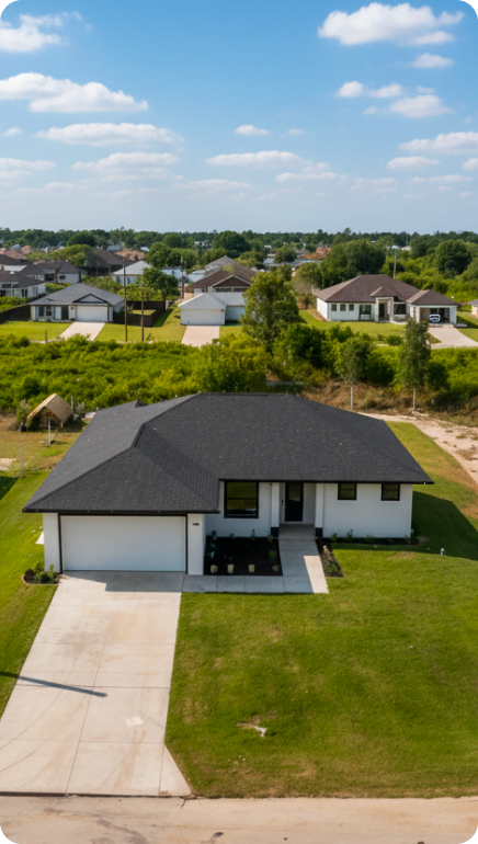 Aerial view of a modern single-story house with a black roof, white walls, attached garage, and a well-maintained lawn.