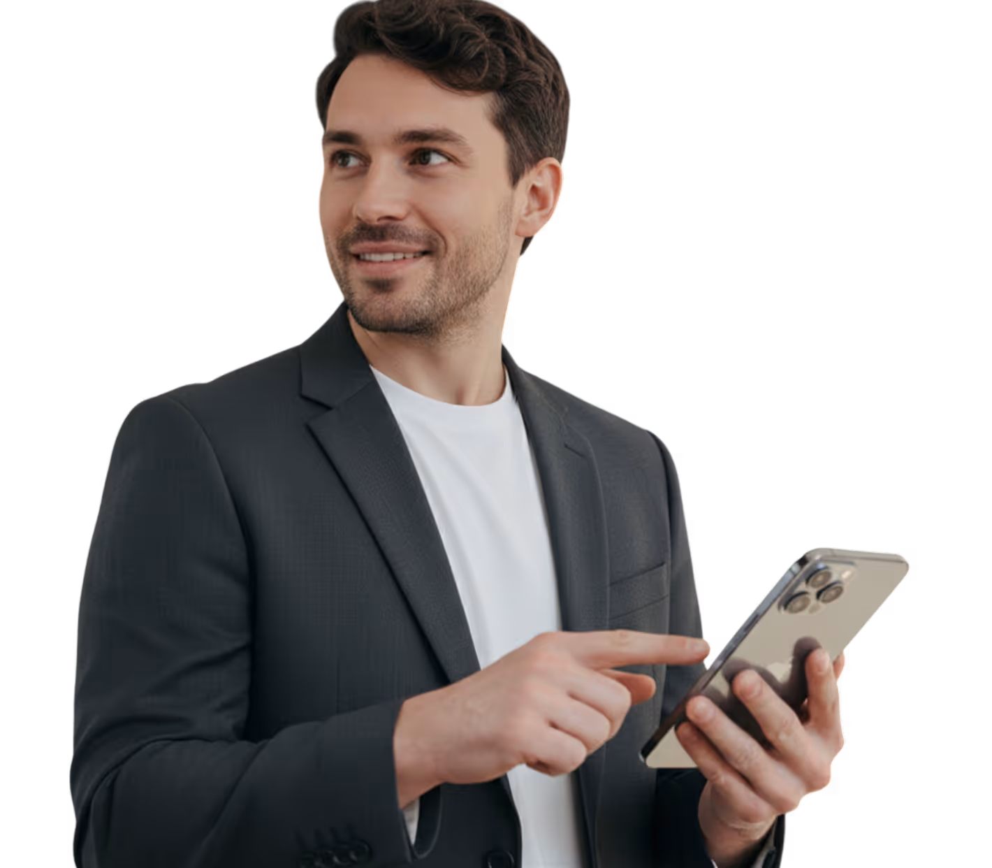 Smiling man in black blazer and white shirt using a smartphone.