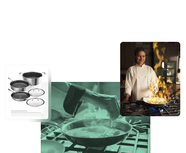 Chef flambéing a pan in a professional kitchen.