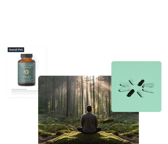 Meditating person in forest with supplements.