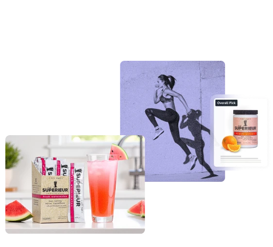 Collage shows Superieur electrolytes: juice box and watermelon drink, a fit woman, and an Overall Pick card with a powder jar.