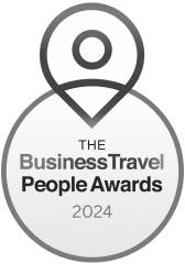 Logo of The Business Travel People Awards featuring a stylized location pin above the award name text.